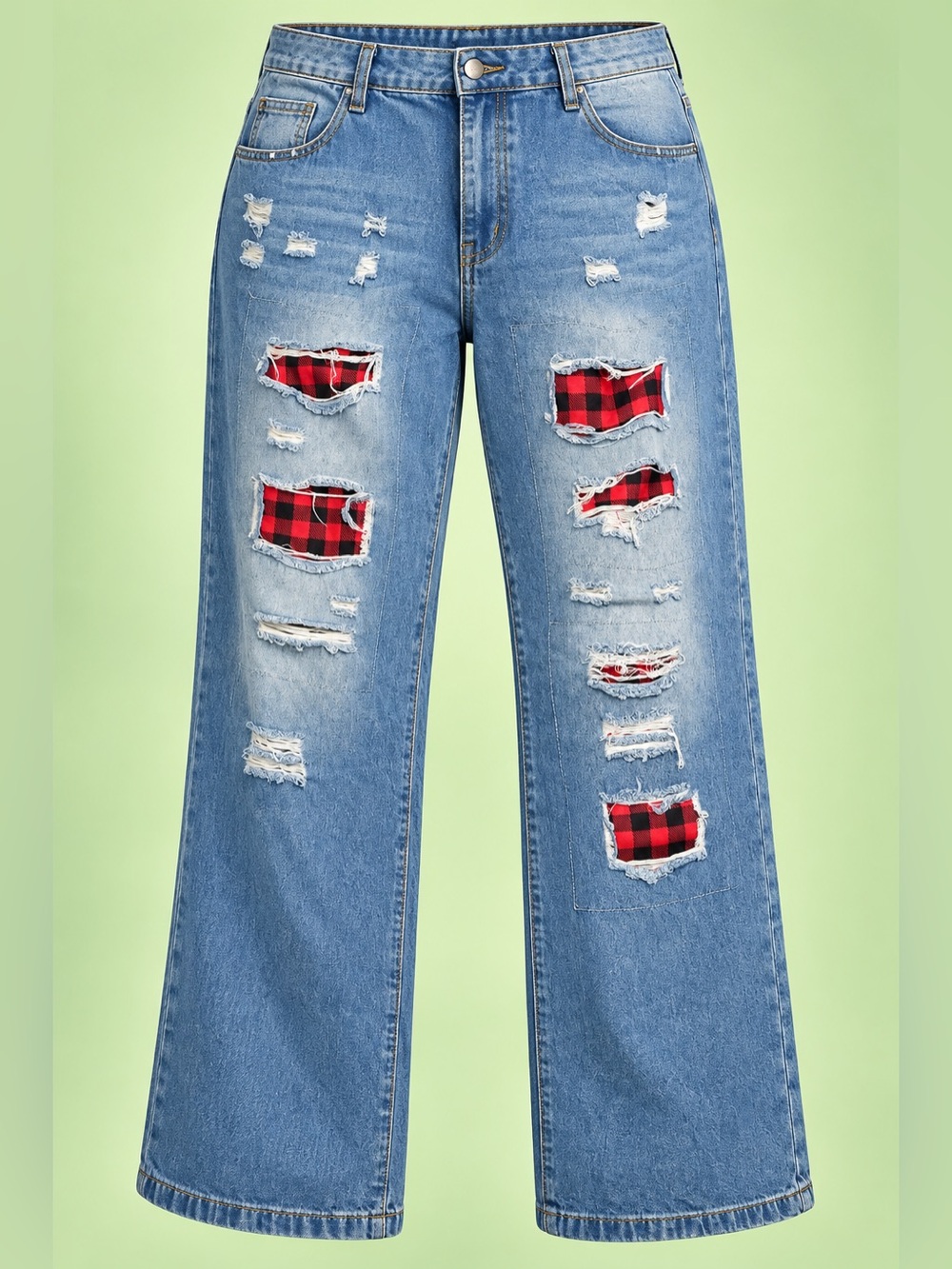 Distressed Buffalo Plaid Patch Jeans Light Wash Wide Leg Estimated Plus Size - Picture 2 of 11